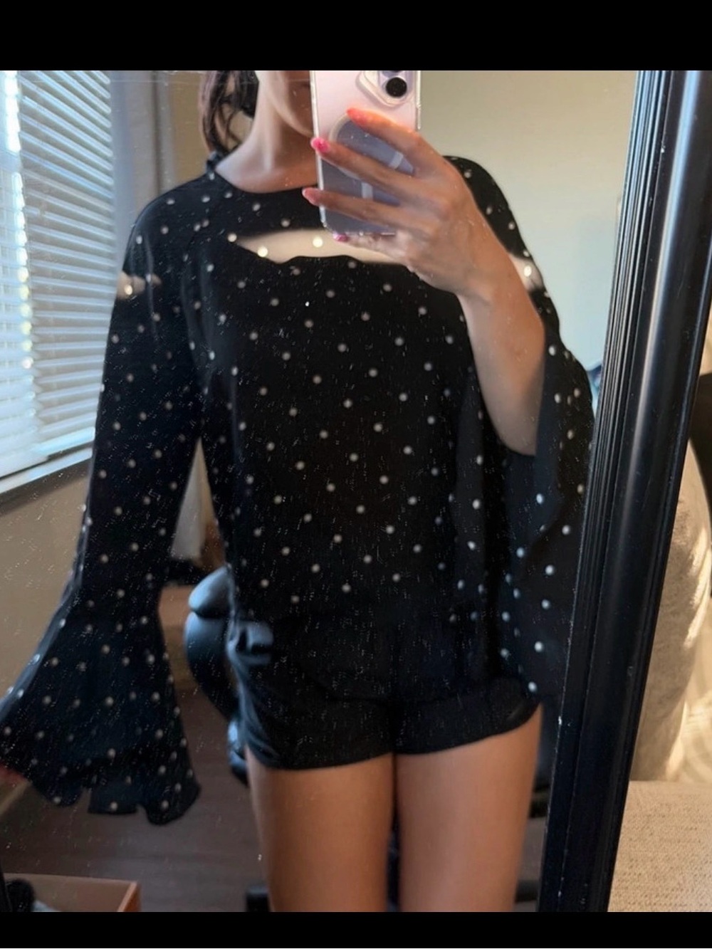 Black Polka Dot Bell Sleeve Blouse with Keyhole Accent